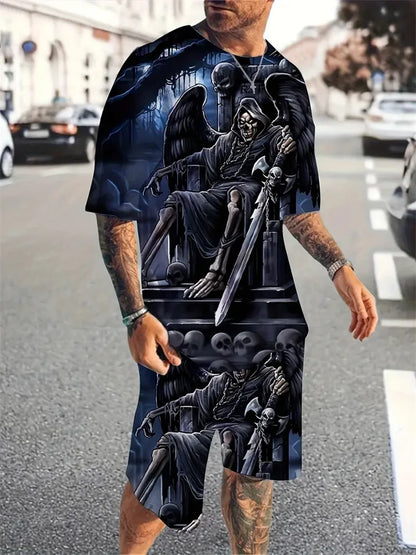 Vacation Casual Short Sleeve T Shirt Outdoor Street Shorts Summer Men's Short Sleeve Shorts Set Mens Skull Printed Set Hot Model
