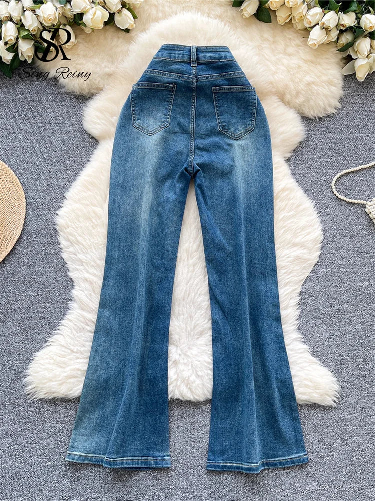 SINGREINY Autumn Diamond Denim Long Pants Women's Pockets Bodycon Hotsweet Casual Trousers Fashion Shiny Retro Wide Leg Jeans