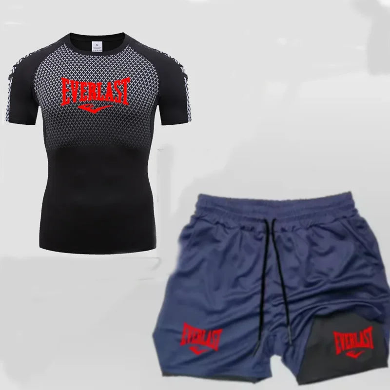 EVERLAST Maglietta a compressione da uomo + pantaloncini sportivi 2 in 1 Set 2 pezzi Tempo libero Traspirante Manica corta Sport Jogging Palestra Abbigliamento di marca Stampa