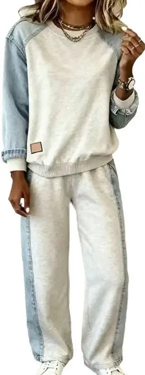 Autumn Winter Sports Style Suit Spliced long-sleeved Round Neck Long-sleeved Pullover Sweatshirt Wide-leg Trousers 2-piece Set