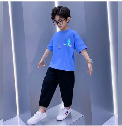 Completo estivo per ragazzi composto da maglietta a maniche corte e pantaloni, 2 pezzi, abbigliamento sportivo casual per adolescenti, taglie 3 5 8 10 12 13 15Y
