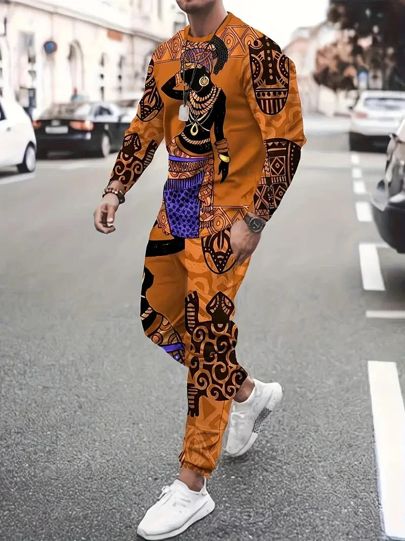 Popular Men's Long Sleeve T-Shirts Pants Set Fashion 3D Print Men Sportswear Man Clothes Street Tracksuit Jogger 2 Piece Outfits