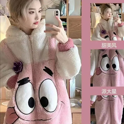 Kawaii Hangyodon Plush Siamese Pajamas Hooded Jumpsuit Pajamas Sanrioed Anime Cartoon Coral Velvet Homewear Thickened Nightgown