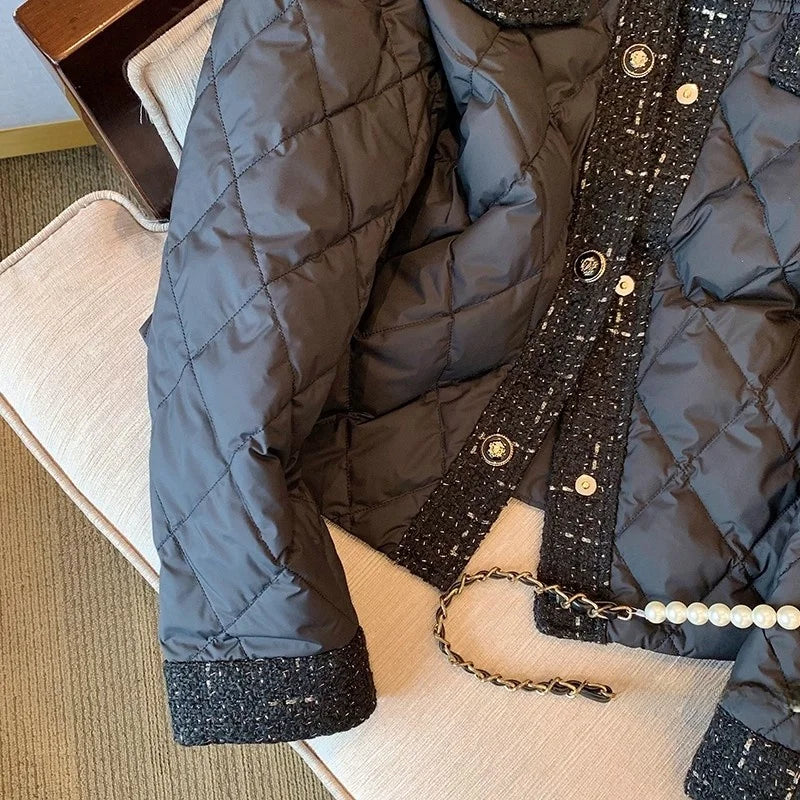 Bla Quilted Cotton Jaet Women's Winter Lightweight Diamond Pattern Faionable Design Casual Loose Fit Long Sve Coat