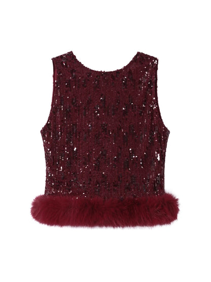 Completo da donna elegante con gilet, pantaloni lunghi, paillettes, patchwork, senza schienale, senza maniche, gamba larga, 2 pezzi