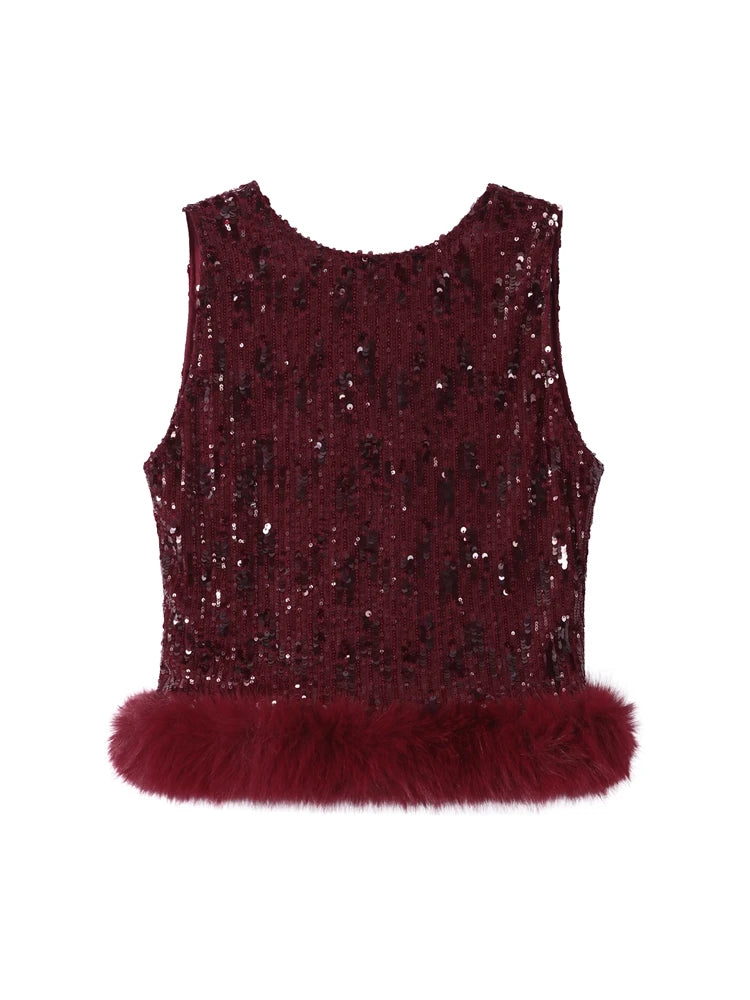 Fashion Faux Fur Sequins Patchwork Vests Long Pant Sets For Women Elegant Backless Sleeveless Tank Tops Wide Leg 2 Pieces Outfit