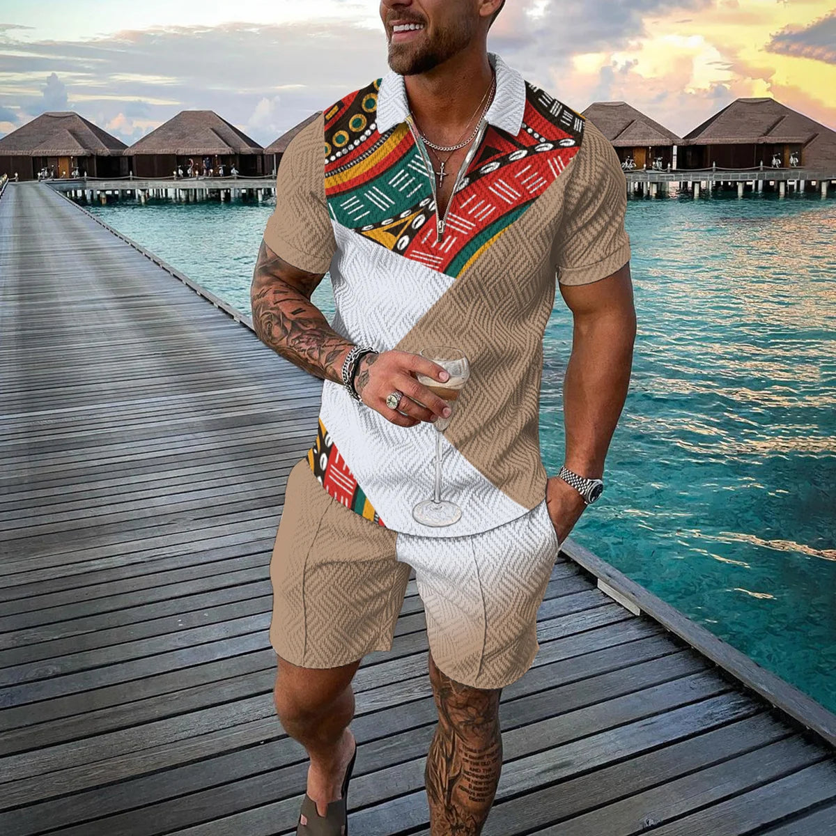 Completo estivo da uomo con stampa 3D, composto da polo con cerniera e pantaloncini, 2 pezzi, stile boho geometrico, abbigliamento per le vacanze.