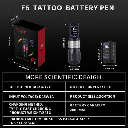 Macchinetta per tatuaggi wireless YILONG con motore coreless, batteria da 2000 mAh e display LCD, ideale per tatuatori professionisti.