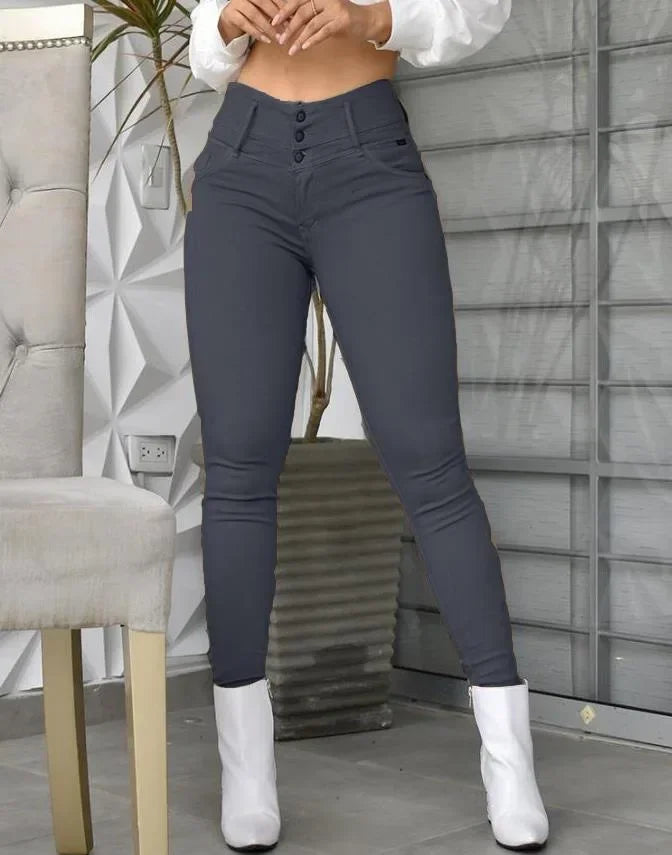 Pantaloni attillati lunghi e aderenti color cachi da donna, a vita alta, alla caviglia