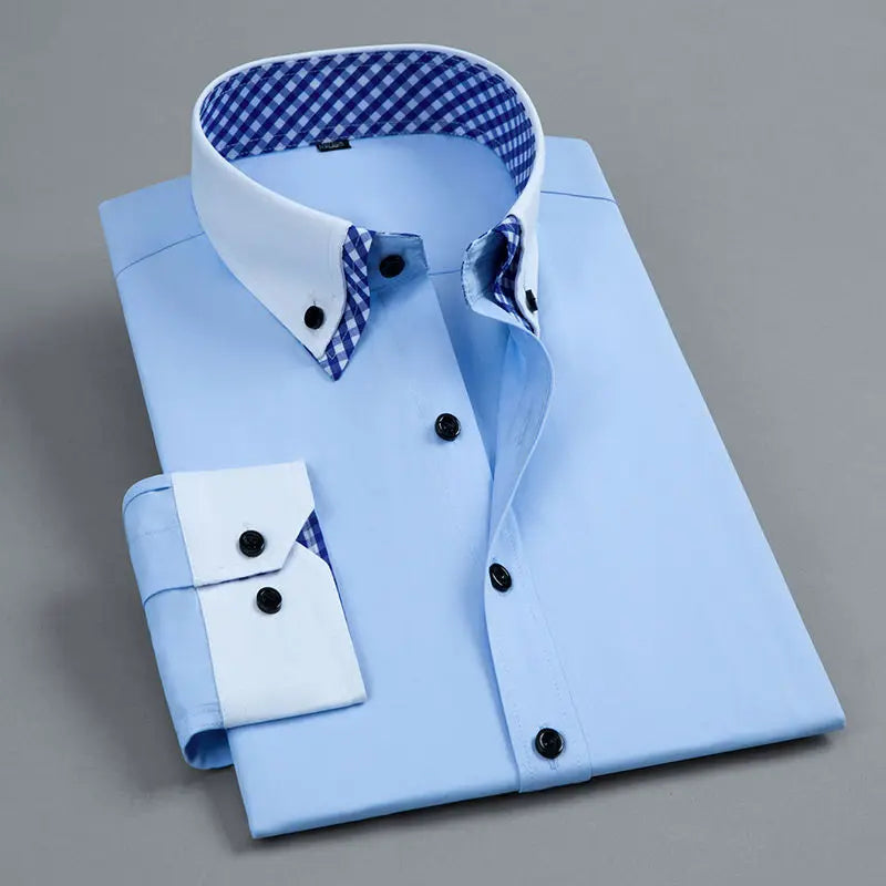 Camicia da uomo a maniche lunghe, non stirabile, a doppio strato, formale, vestibilità regolare, da ufficio, alla moda, bianca e blu.