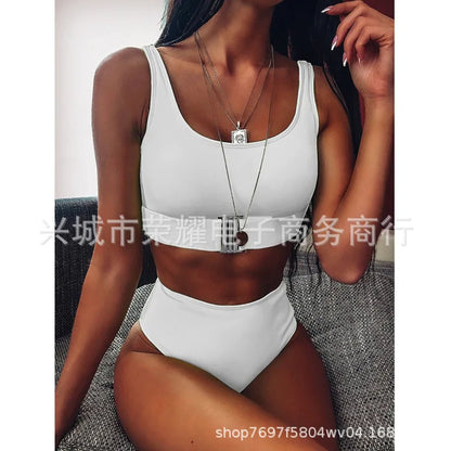 High Waist Bikini Pure Color Stripe Two-Piece Swimsuit Belly Cover Button Insert New Model Hot Sale Of The Season Women's Swimwe