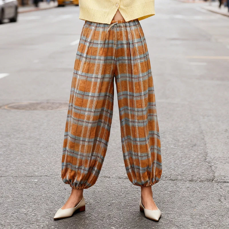 Trendy Plaid Lantern Drawstring Casual Pants Loose Fit With Drawstring Versatile Womens Everyday Workwear Pants Trafizaran