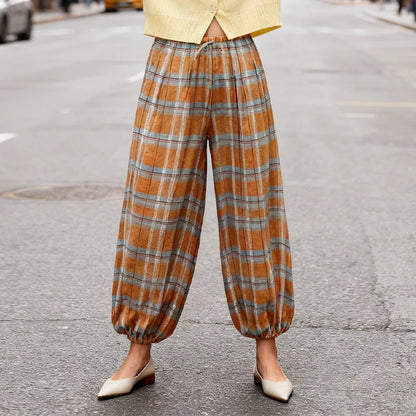 Trendy Plaid Lantern Drawstring Casual Pants Loose Fit With Drawstring Versatile Womens Everyday Workwear Pants Trafizaran