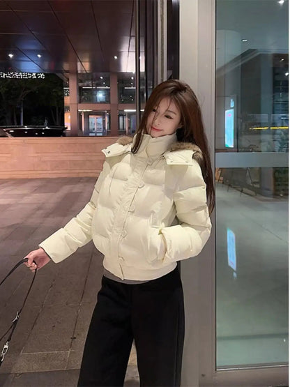 High-end off-white hooded fur collar cotton women's 2025 new winter Korean style versatile thickened warm cotton coat
