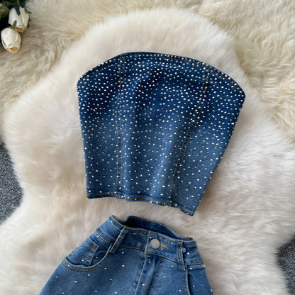 Completo pantaloni da donna in denim, due pezzi, coordinati sexy, senza maniche, corto, Y2k, pantaloni lunghi a zampa, vita alta, slim, hot diamond