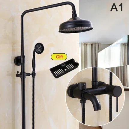 Bathroom Antique Black Painting Brass Lifting Column Wall Mount Shower Set 8" 3-Functions Hot Cold Rainfall Shower Mixer Tap