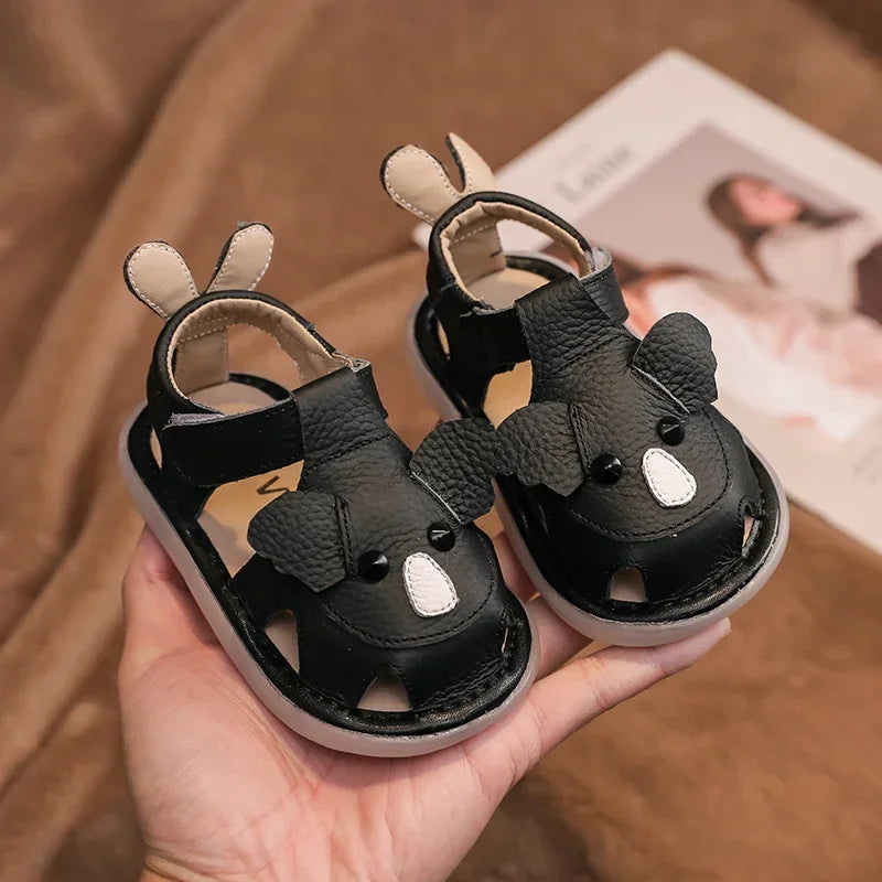 Sandali in vera pelle per neonati e bambini, scarpe estive da spiaggia con personaggi dei cartoni animati, scarpe casual per neonati con suola morbida e antiscivolo.