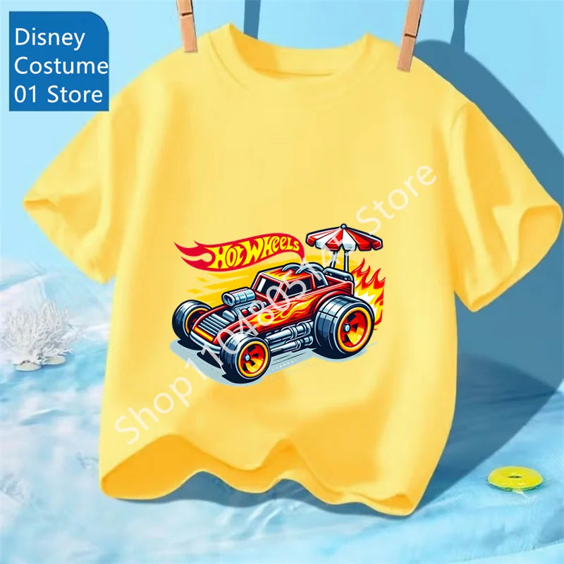 Maglietta per ragazzi, abbigliamento per bambini, magliette con stampa di auto Hot Wheels Race, top grafici, maglietta gialla per bambini, taglie da 8 a 12 anni.