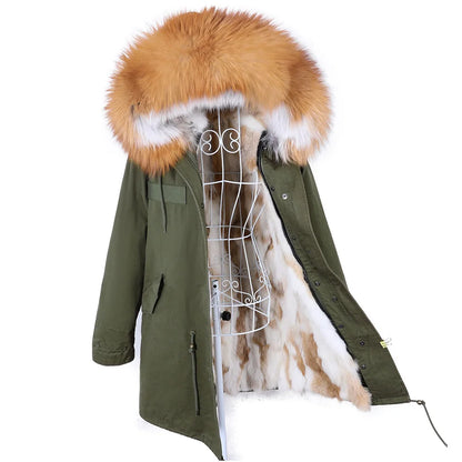 Maomaokong 2022 Giacca invernale da donna Parka lungo Impermeabile Grande pelliccia di volpe naturale vera Collo di pelliccia di procione Cappuccio Fodera in caldo coniglio