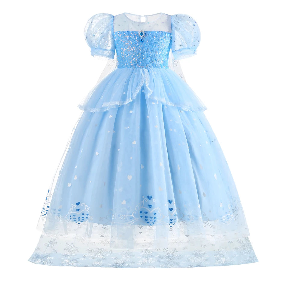 Abito da principessa Elsa per cosplay, blu, in rete con paillettes, per bambina, ideale per feste di compleanno, carnevale e Halloween, adatto a bambini dai 2 ai 10 anni.