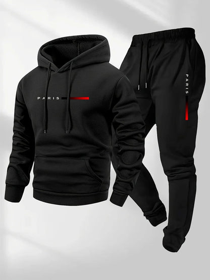 PARIS Letter Print Sweatshirt Suit Men's Fleece Hoodie Pants Set Spring Autumn Winter Warm Casual Sports Pullover Trousers Sets
