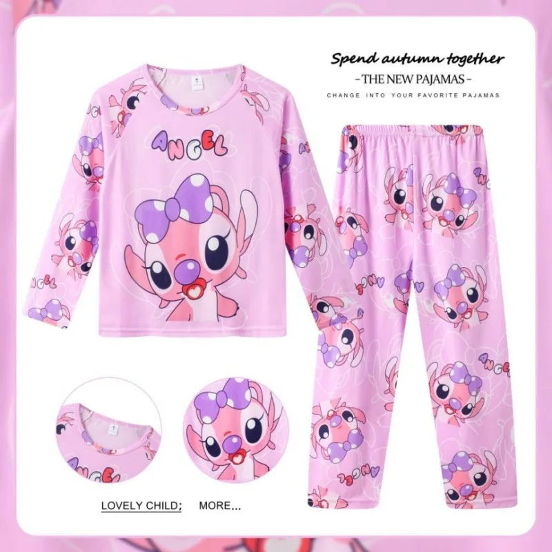 Pigiama per bambini dai 2 ai 14 anni, completo a maniche lunghe per primavera e autunno, set pigiama per bambini con motivo a cartoni animati Stitch, abbigliamento da casa comodo e casual per ragazzi e ragazze.