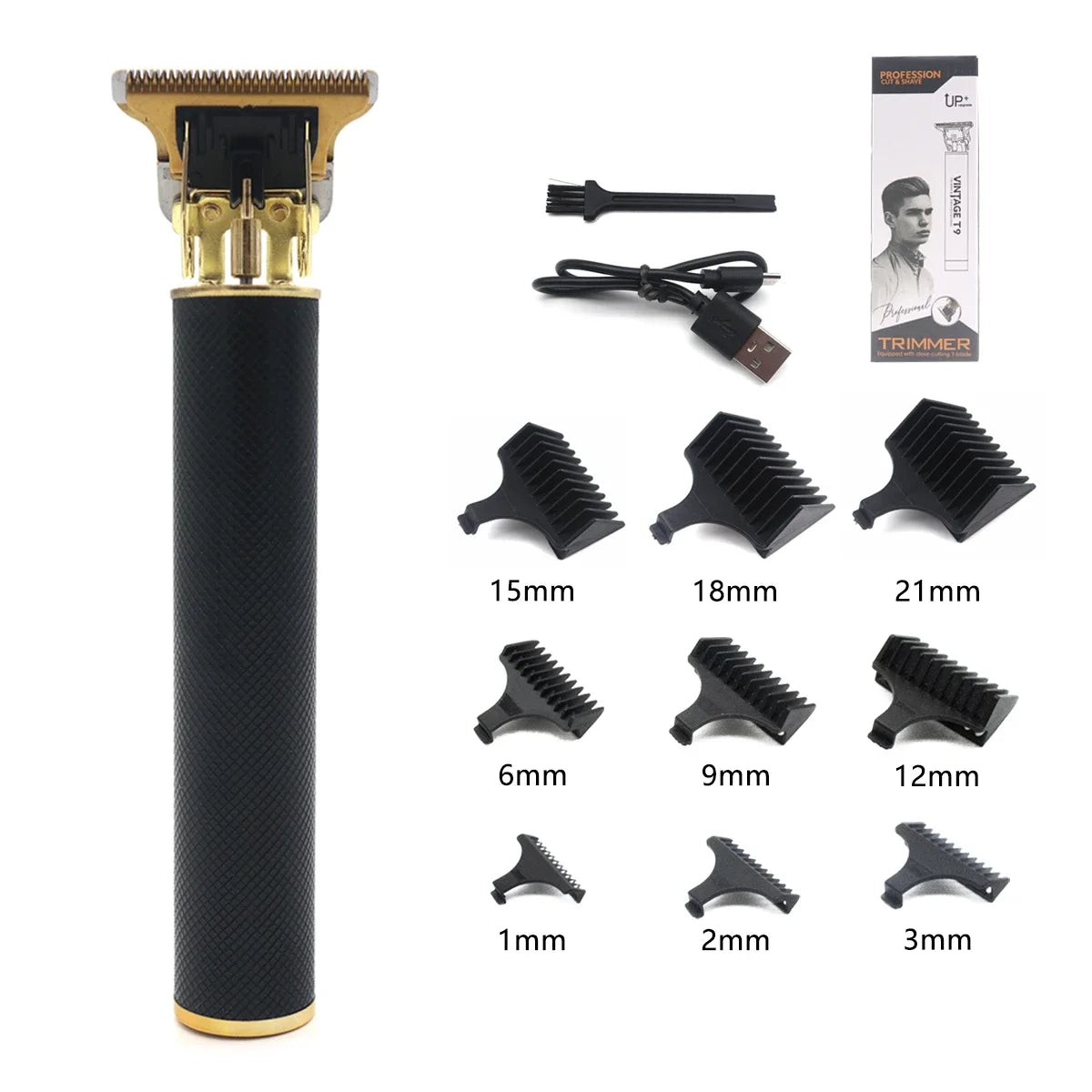 Professional T9 Hair Trimmer Stainless Steel Blade Metal Body with 9 Optional Limit Combs Cordless for Hair Beard Trimming