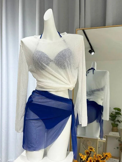 2026 Nuovo bikini da donna a 4 pezzi con stampa a vita alta e maniche lunghe, ideale per vacanze al mare.
