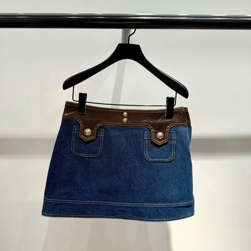 Women's Denim Patchwork Leather Round Neck Sleeveless Vest A-Line Short Skirt Set Women's 25 Early Autumn New Item