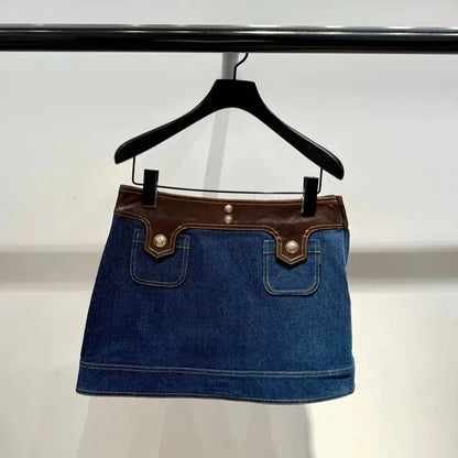 Women's Denim Patchwork Leather Round Neck Sleeveless Vest A-Line Short Skirt Set Women's 25 Early Autumn New Item
