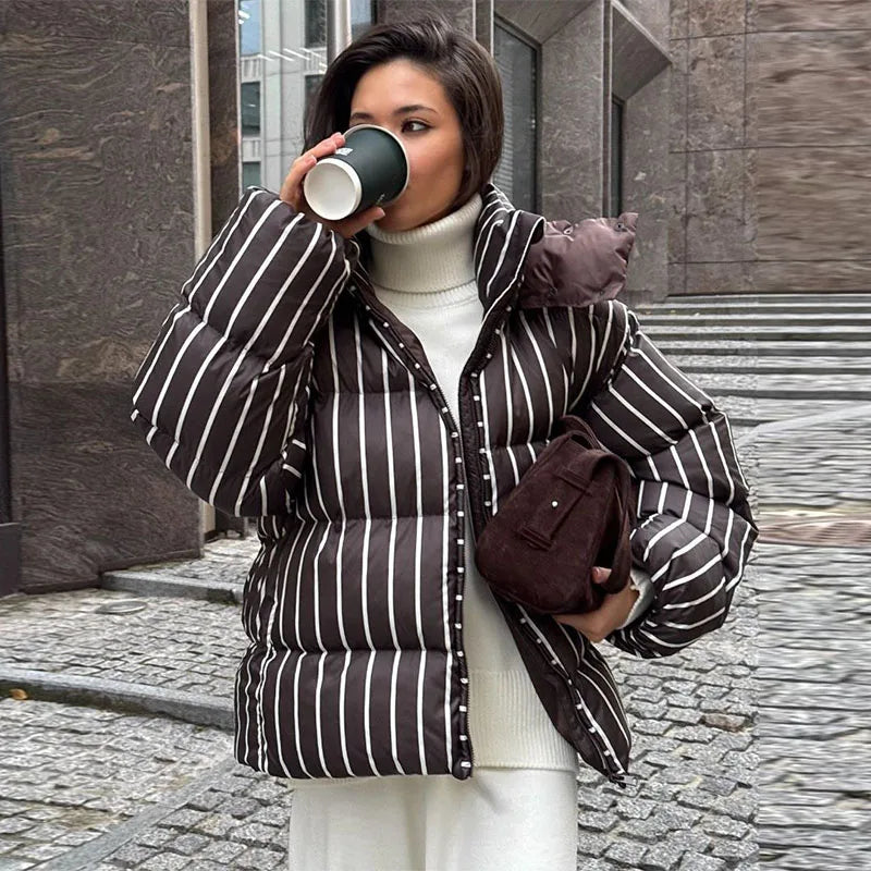 Casual Striped Loose Coat Women Full Sleeve Zippers Stand Collar Thicken Jackets Female 2025 Street Autumn Winter Lady Outwears