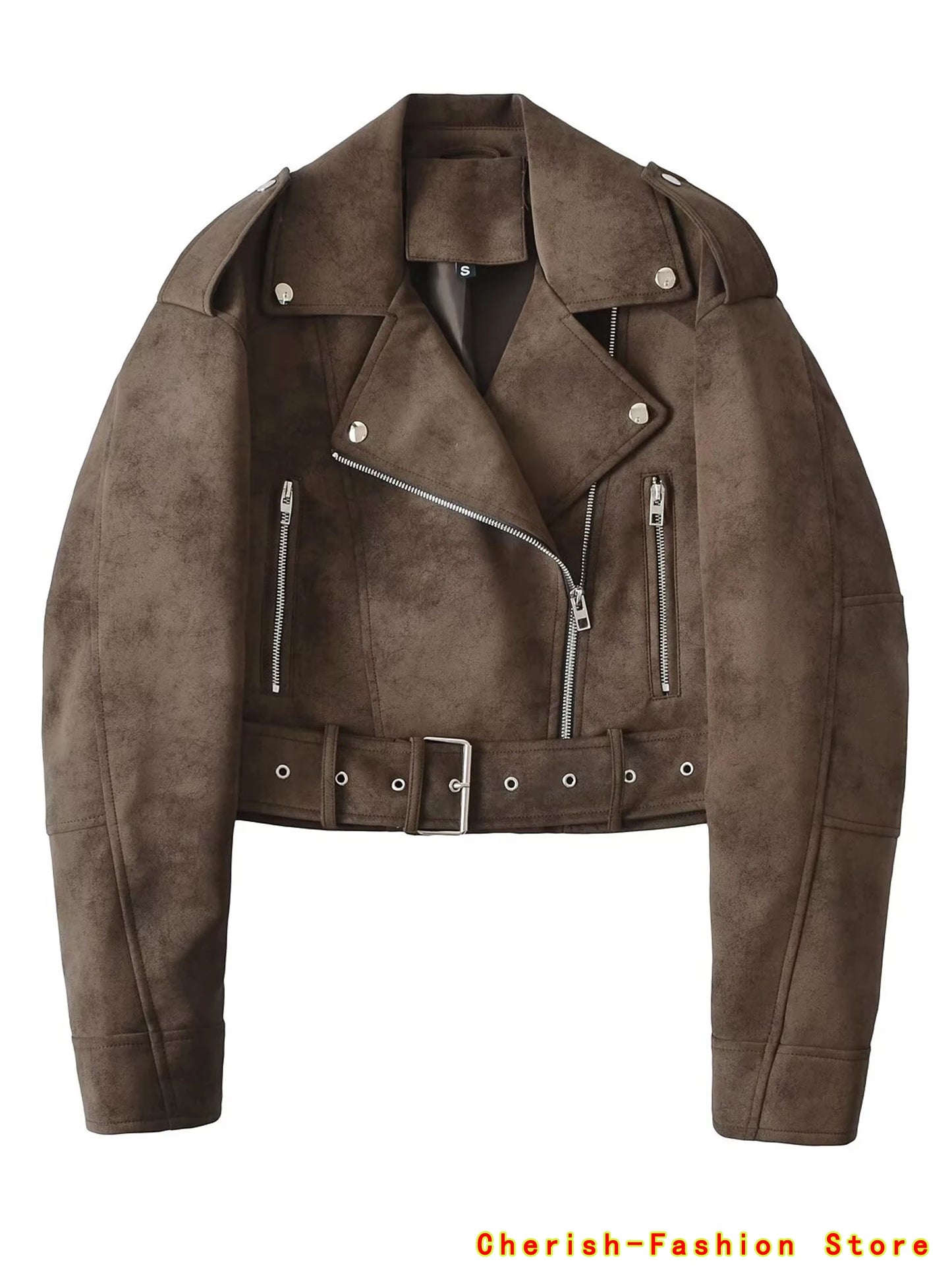 Spring Women's Brown Suede Short Jacket Loose Lapel Zipper Long Sleeve Motorcycle Coat Female Hot New Lady High Street Outwear