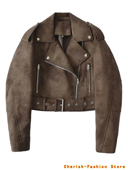 Spring Women's Brown Suede Short Jacket Loose Lapel Zipper Long Sleeve Motorcycle Coat Female Hot New Lady High Street Outwear