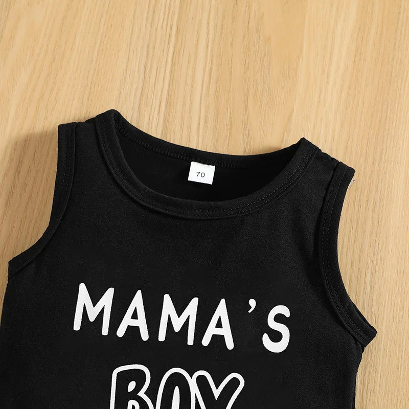 Completo estivo casual per neonati da 0 a 3 anni, composto da canotta con stampa di lettere e pantaloncini in denim strappati. Ideale per bambini piccoli.