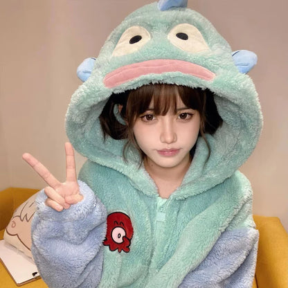 Kawaii Hangyodon Plush Siamese Pajamas Hooded Jumpsuit Pajamas Sanrioed Anime Cartoon Coral Velvet Homewear Thickened Nightgown