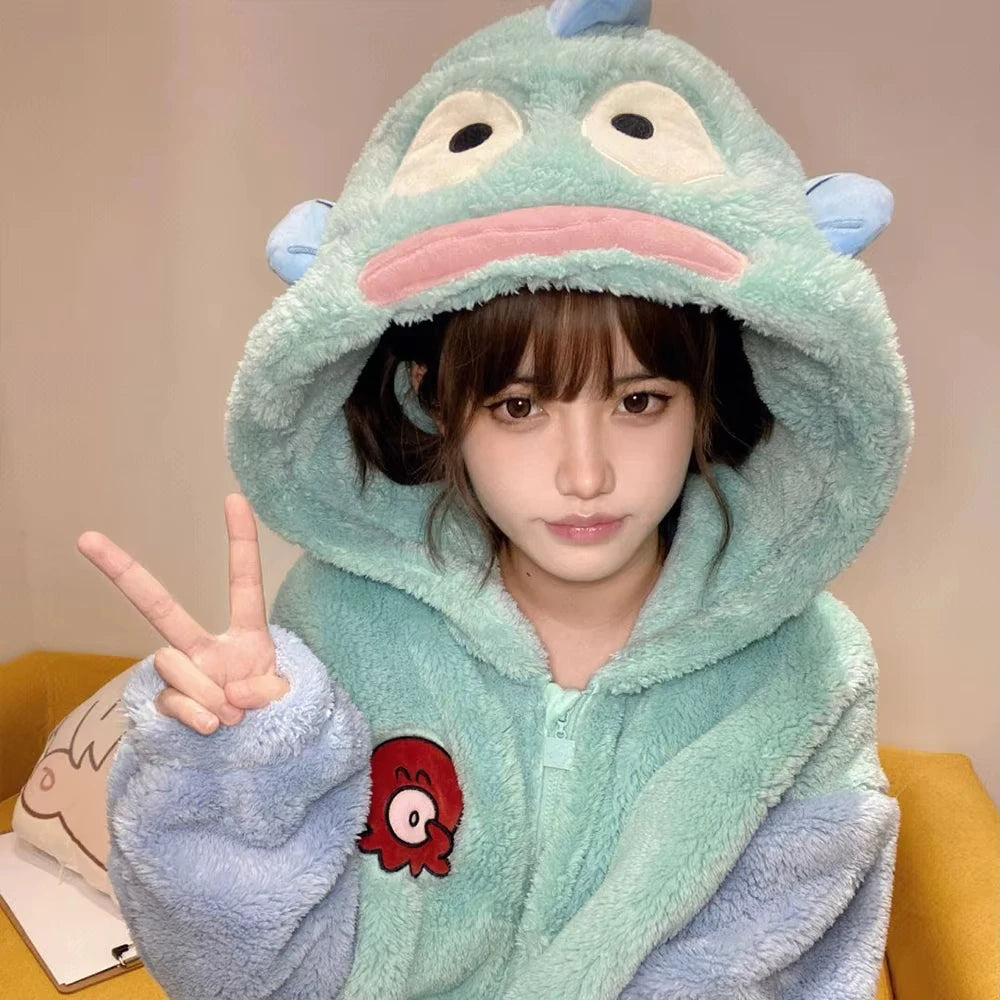 Kawaii Hangyodon Plush Siamese Pajamas Hooded Jumpsuit Pajamas Sanrioed Anime Cartoon Coral Velvet Homewear Thickened Nightgown