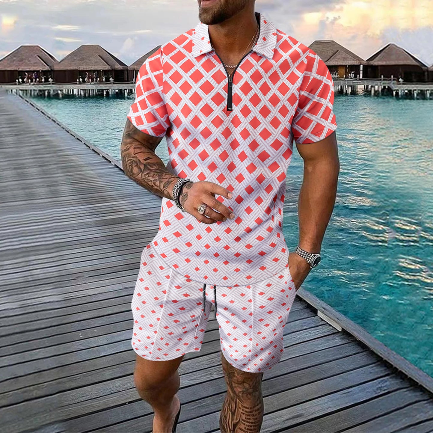 Interessante set da uomo a maniche corte con stampa a quadri 3D, camicia polo con cerniera alla moda, completo estivo ampio, set di t-shirt Ropa Hombre