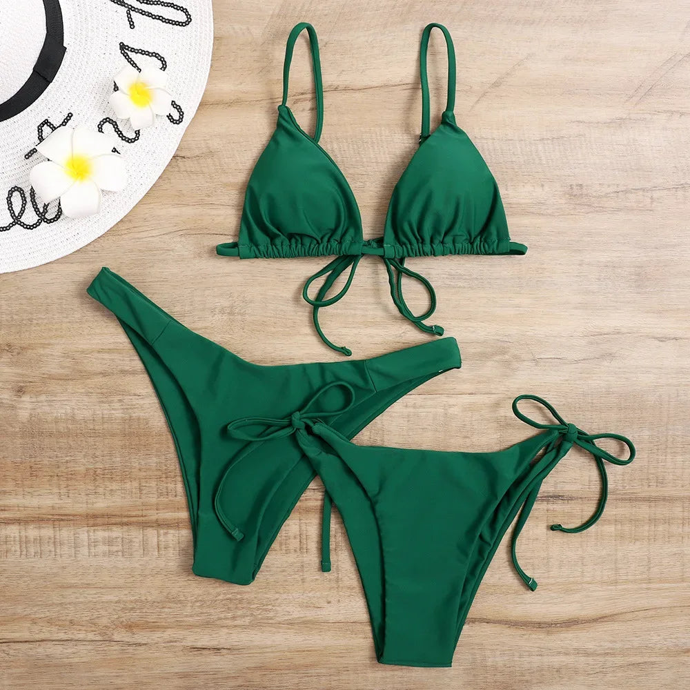 Sexy set bikini a 3 pezzi da donna, tinta unita blu e viola, push-up, a triangolo, costume da bagno brasiliano da spiaggia, costume da bagno bikini