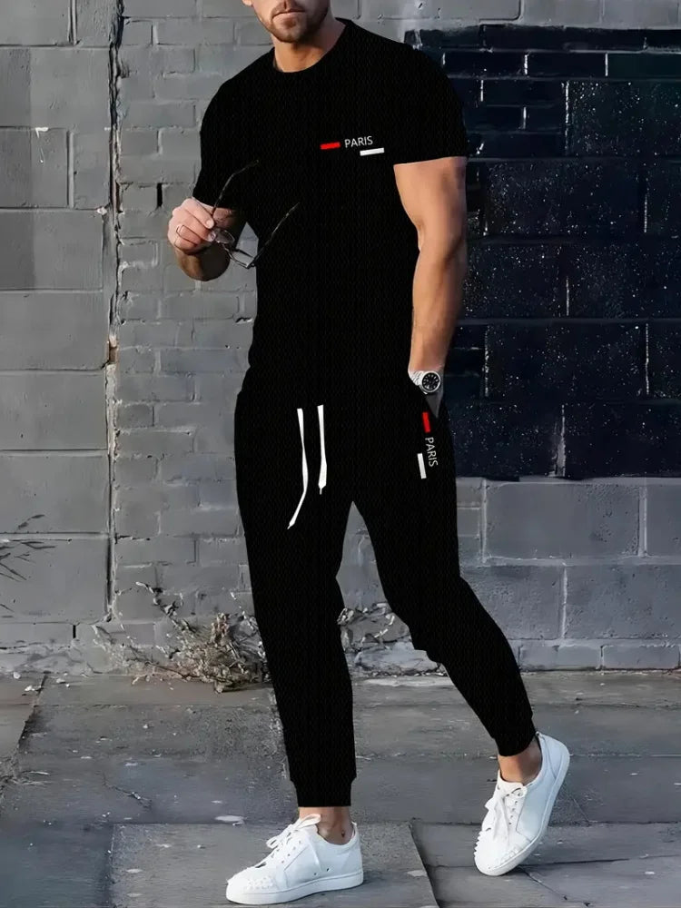 Abstract Zipper 3D Printed Men's Casual Thin Short-sleeved Long Pants Set, Urban Street Casual Fashion Men's 2pcs Long Pants Set