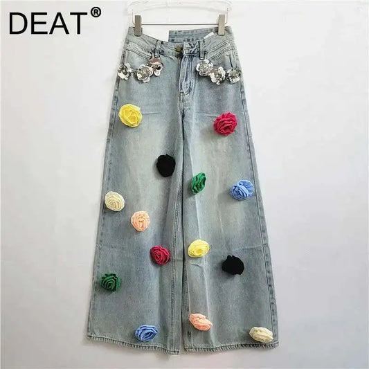 DEAT 2024 Moda Autunno Nuovi Articoli Jeans da Donna con Decorazione Floreale e Paillettes, Vita Alta, Gamba Ampia, Denim 11A0521