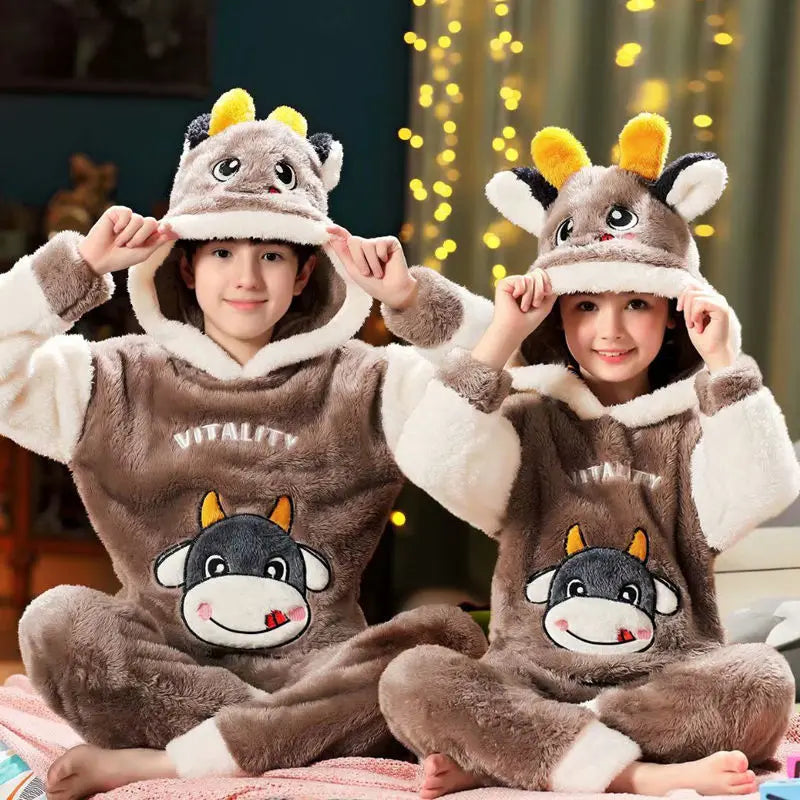 Pigiama invernale caldo per ragazzi con animali dei cartoni animati, set pigiama per bambini in pile di corallo, completo da casa in flanella con cappuccio, pigiama per ragazzi