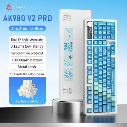 Tastiera da gioco AJAZZ AK980V2 Pro con batteria da 10000 mAh, doppia frequenza di polling 8K, tri-mode cablata/Bluetooth/2.4G e schermo a colori.