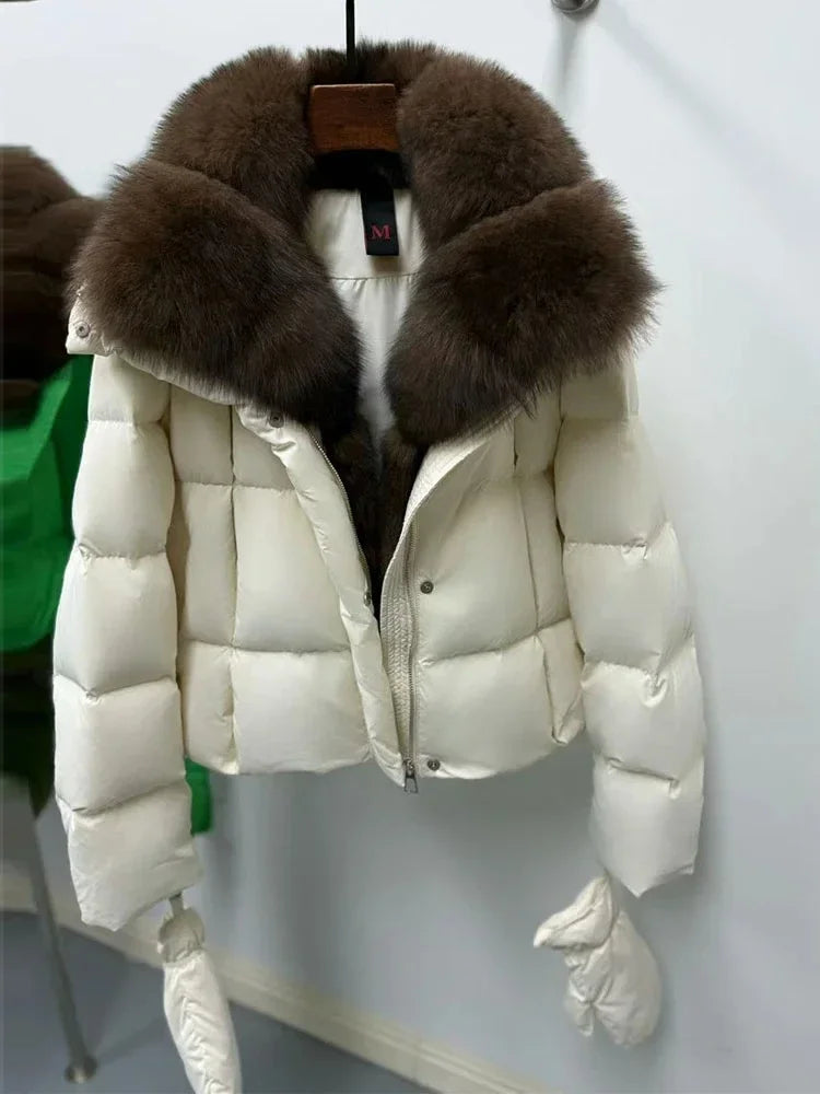 Cappotto in piumino d'oca con collo in pelliccia di volpe naturale, giacca di lusso in pelliccia, parka casual caldo da donna, giacca imbottita in vera pelliccia