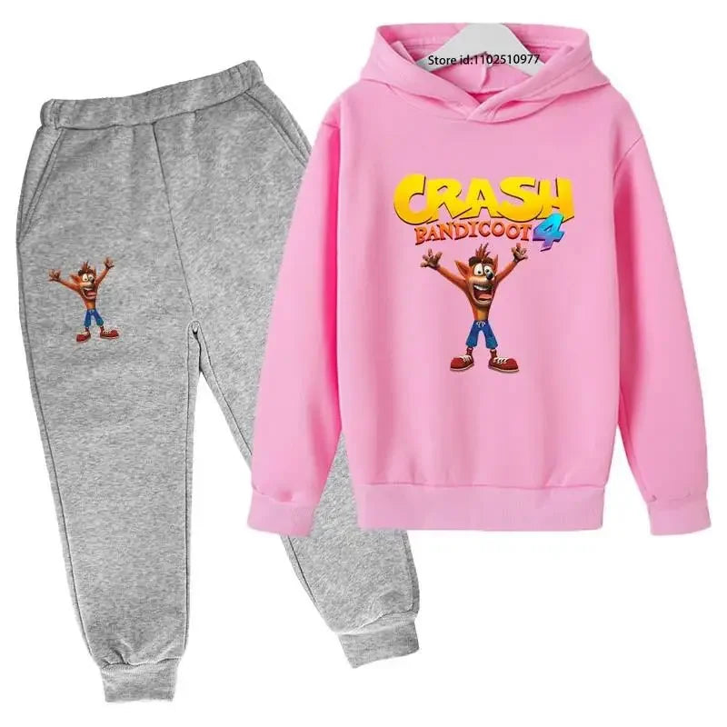 Completo per bambini con felpa con cappuccio e pantaloni a tema Crash Bandicoot, ideale per primavera e autunno, taglie 3-13 anni, abbigliamento casual per bambini e bambine.