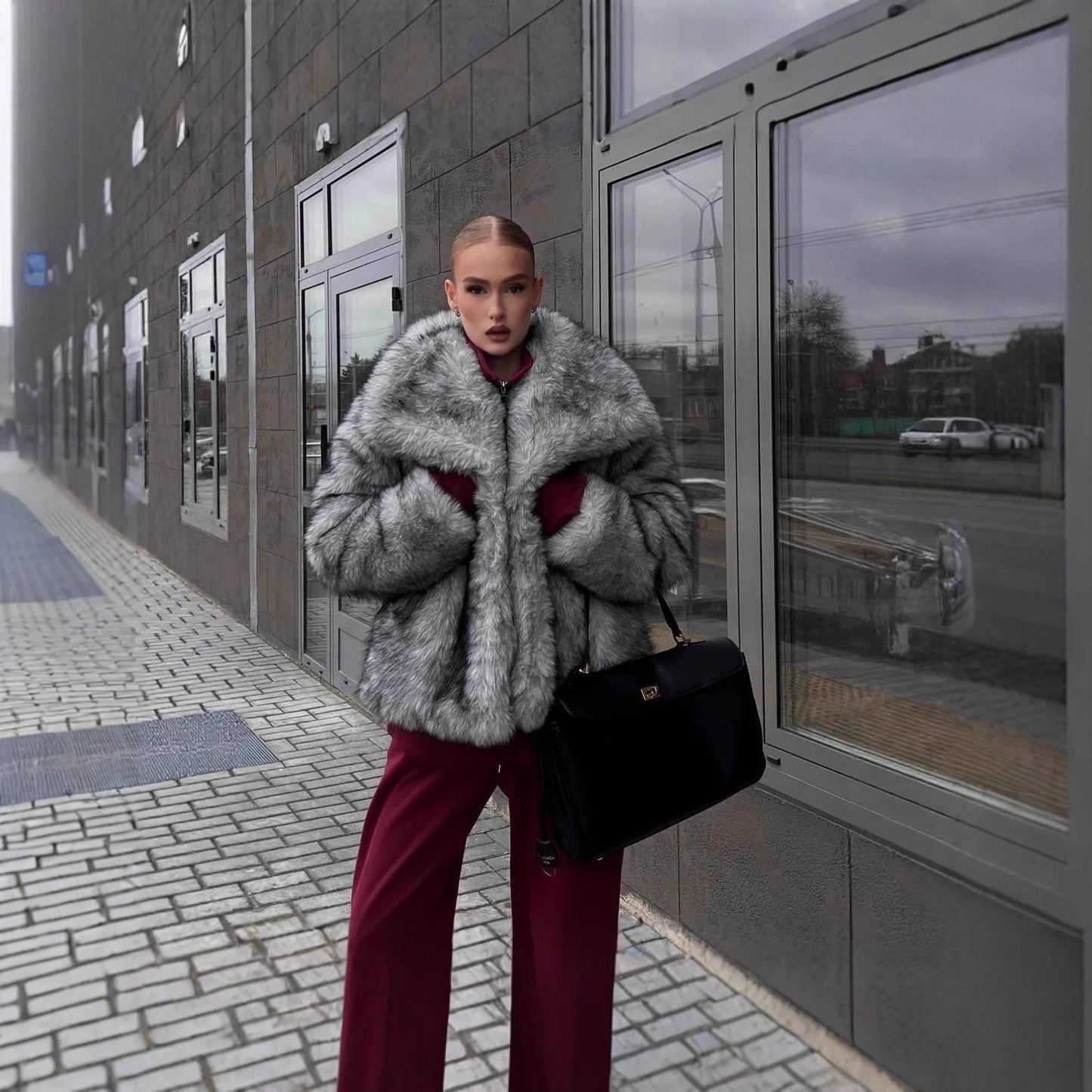 Faux Fox Fur Coats Women Jackets Color Block Turn Down Collar Long Sleeves Loose Fit Open Stitch Thick Casual 2025 Autumn Winter