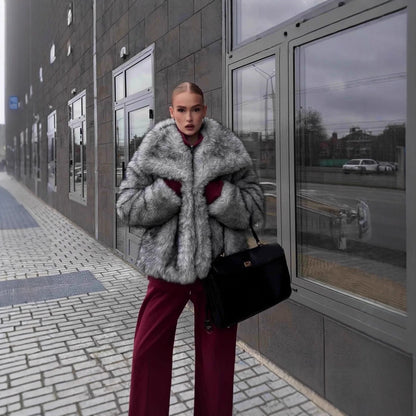 Faux Fox Fur Coats Women Jackets Color Block Turn Down Collar Long Sleeves Loose Fit Open Stitch Thick Casual 2025 Autumn Winter