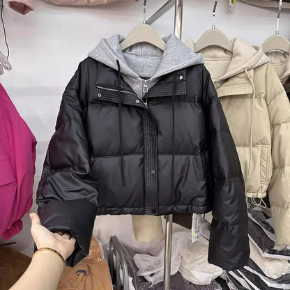 Autumn Winter New Fake Two Pieces Splicing Cotton Jacket Women Cotton-Padded Thick Warm Parkas Short Coat Female Casual Lady Top