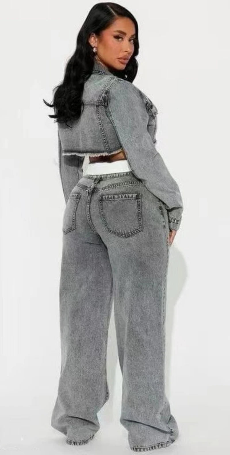 Streetwear Denim 2 pezzi Set da donna Outfit Abbigliamento autunnale Donna Jeans a maniche lunghe Giacca corta Jeans dritti Pantaloni Set Tuta