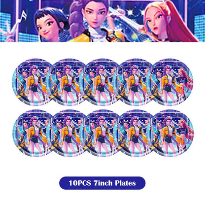 Kpop Demon Hunter Birthday Decoration Set Kpop Girl Cup Pate Happy Balloon Happy Banner Gift Bags Supplies for Kids Party Favors