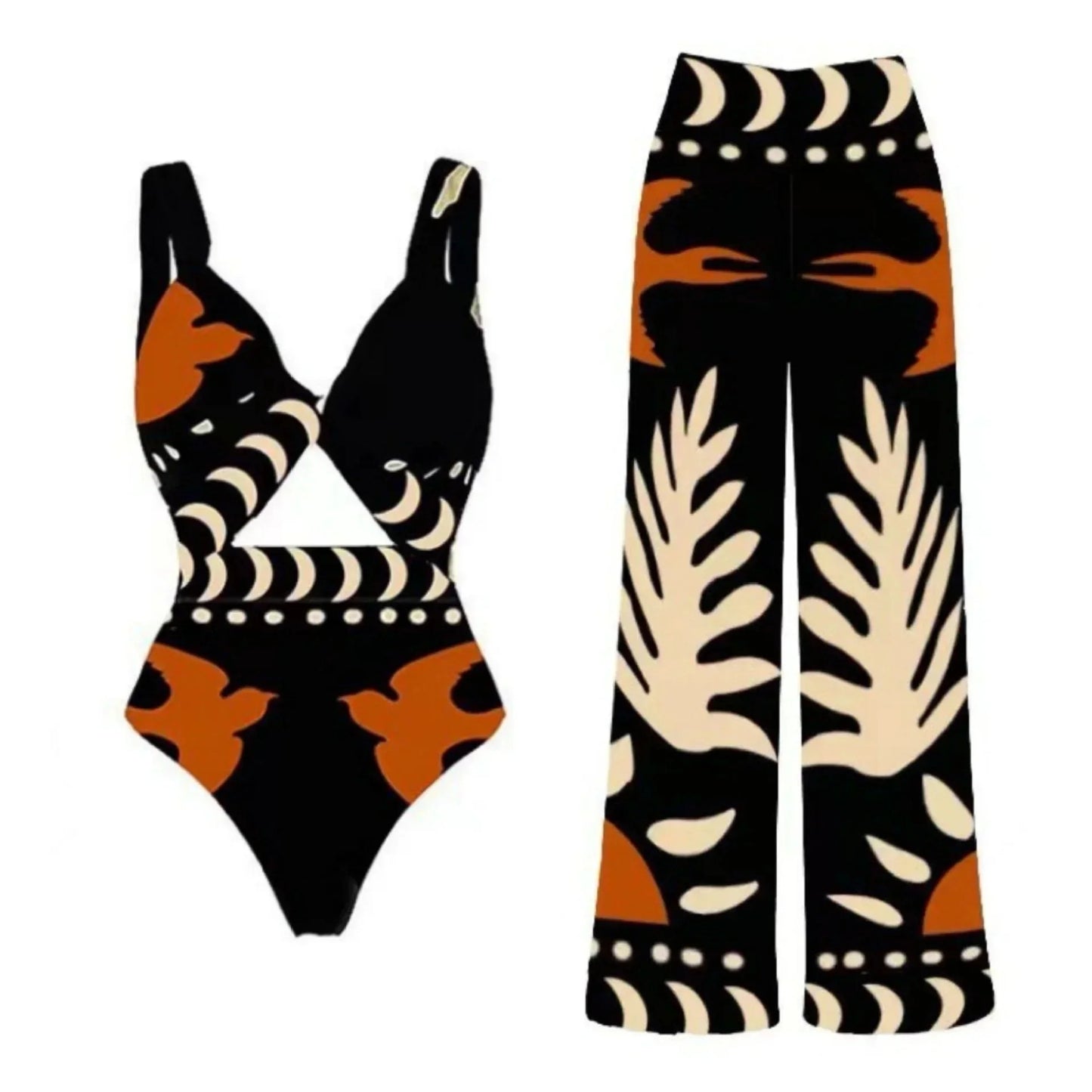 Bikini sexy a vita alta con stampa di uccelli in rete, set da 3 pezzi, costume da bagno intero alla moda con intagli, nuovo pareo da spiaggia 2024, monokini